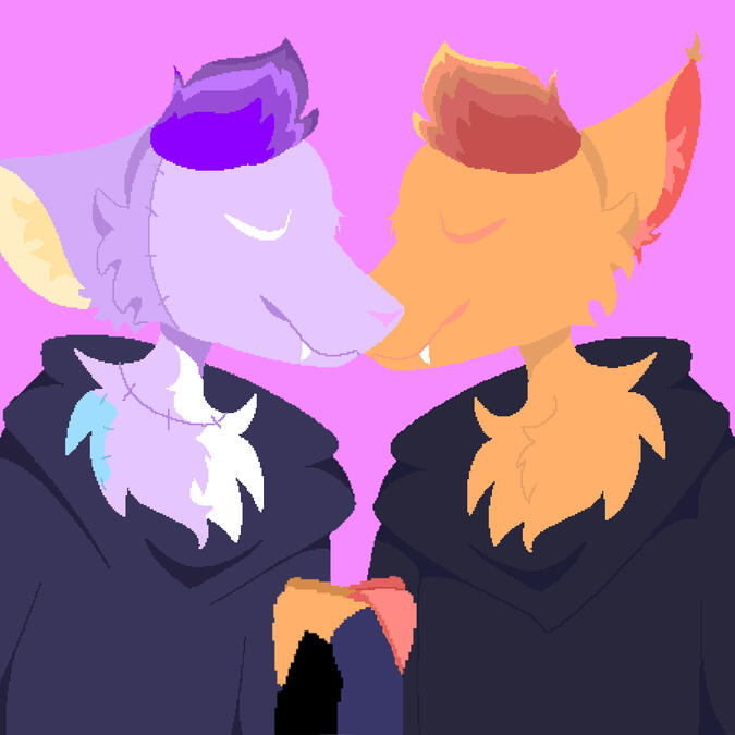 Simple color background, basic shading, full color, lineless, pixel, 2 characters, bust